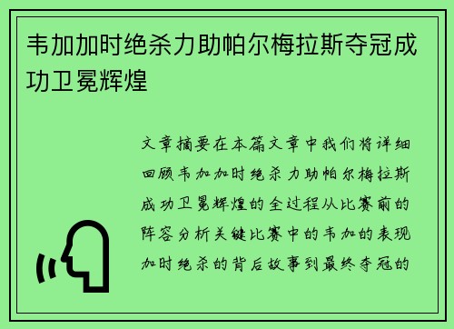 韦加加时绝杀力助帕尔梅拉斯夺冠成功卫冕辉煌